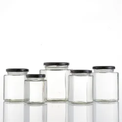 Wholesale cheap price and Customized 100ml 220ml 380ml Empty Clear Hexagonal Honey Jar Glass with Wooden Lid and Dipper