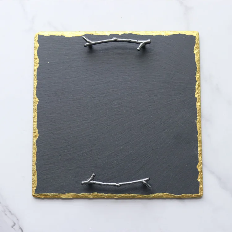 Китайская черная шиферная круглая тарелка премиум класса с металлической ручкой для чизкейка фруктов