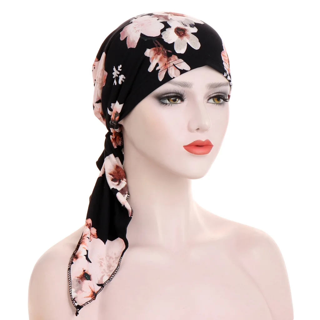 2021 new spring and autumn style curved two-tail scarf hat Muslim Baotou hat Floral cloth pullover scarf