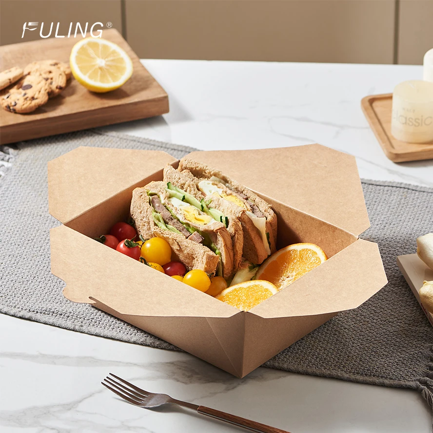 FULING Disposable Take Out Boxes Food Containers Microwavable Kraft Brown Paper To Go Box Grease proof Lunch Box