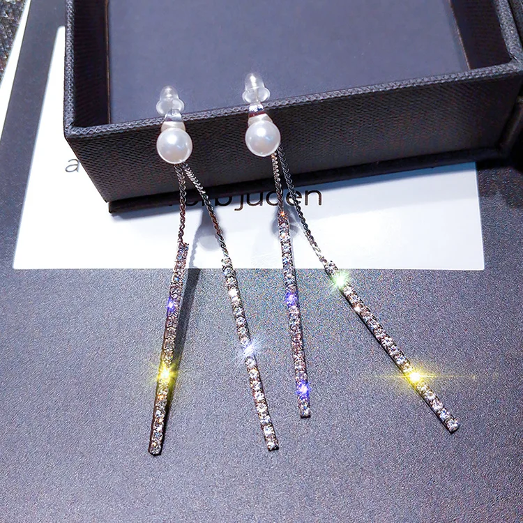 Silver Fashion New Jewelry Simple Tassel Ms. Striped Pearl Inlaid Zircon Drop Earrings
