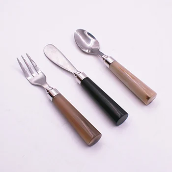 nature buffalo bull horn handle 304 stainless steel cutlery table dessert spoon and fork set