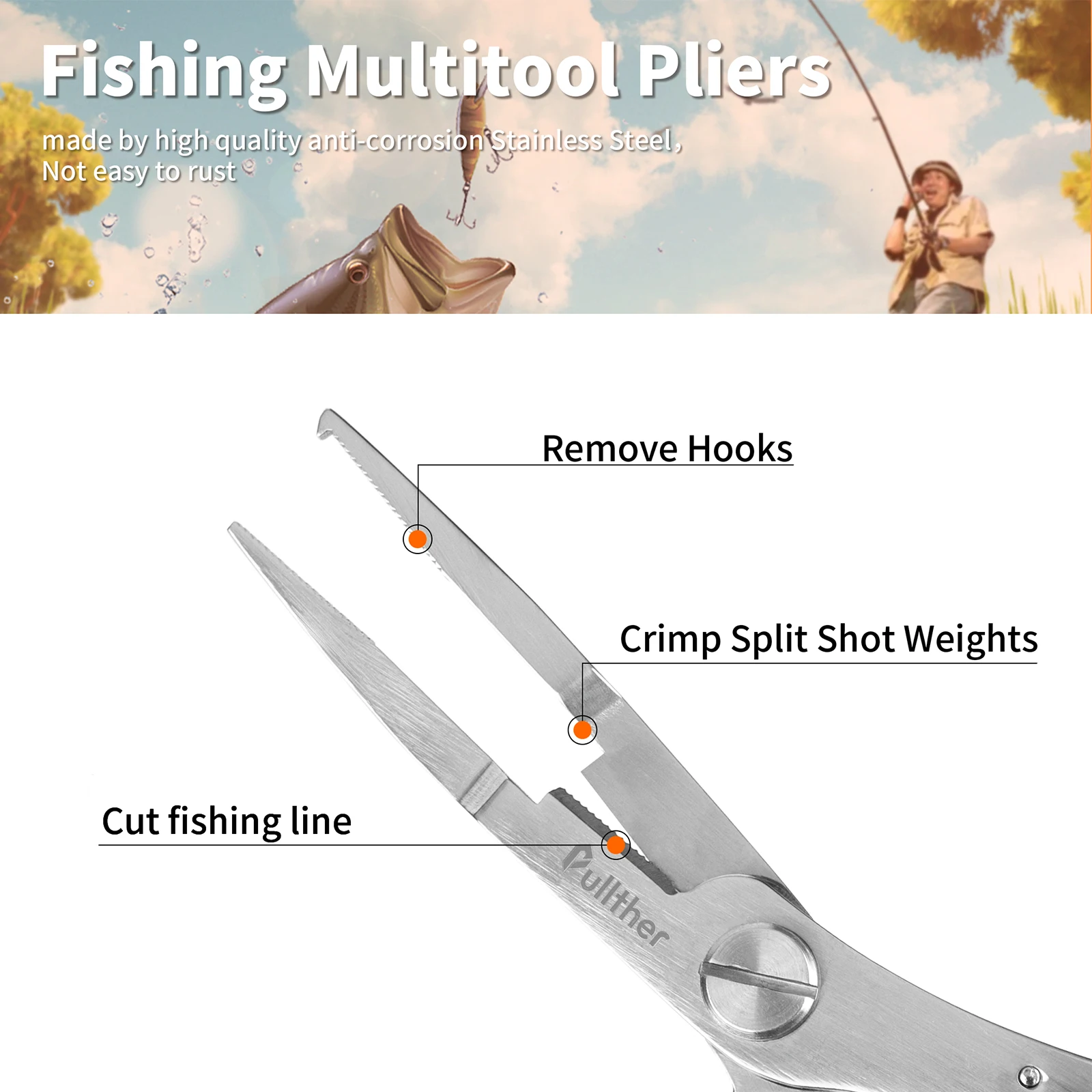 Pullther Outdoor Fishing Stainless Steel Structure Open Ring Fishing Pliers with Spring Rope Fishing Accessories