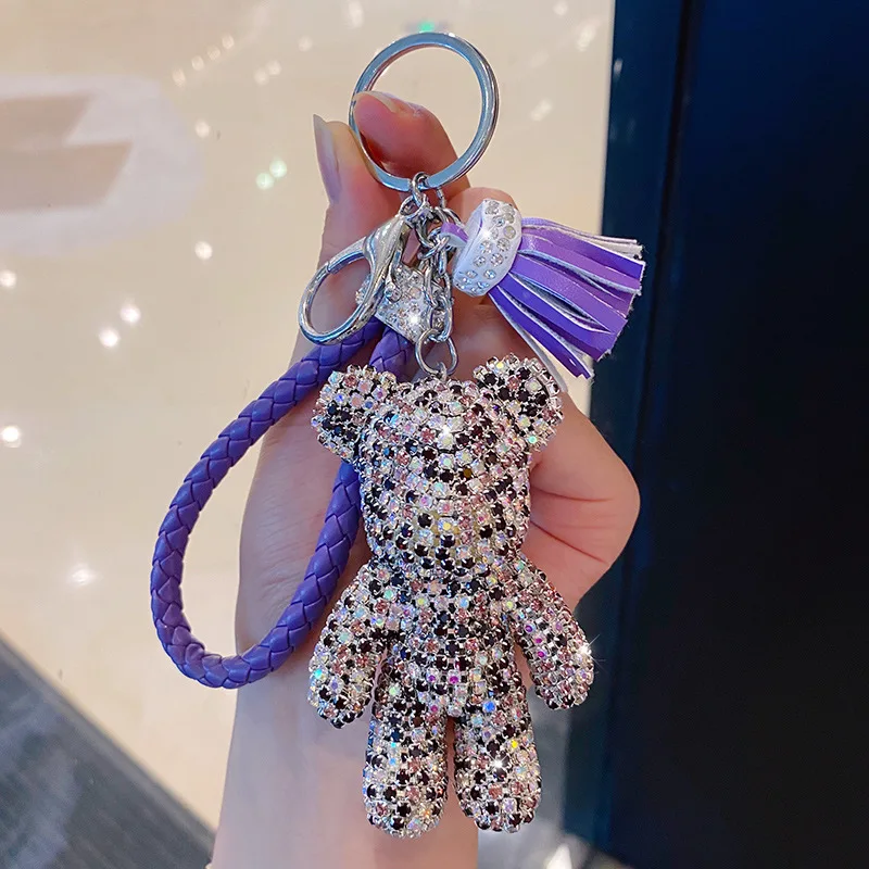 Leather  fashion crystal bear keychain sparkly popobe keyring rhinestone teddy doll handbag charm