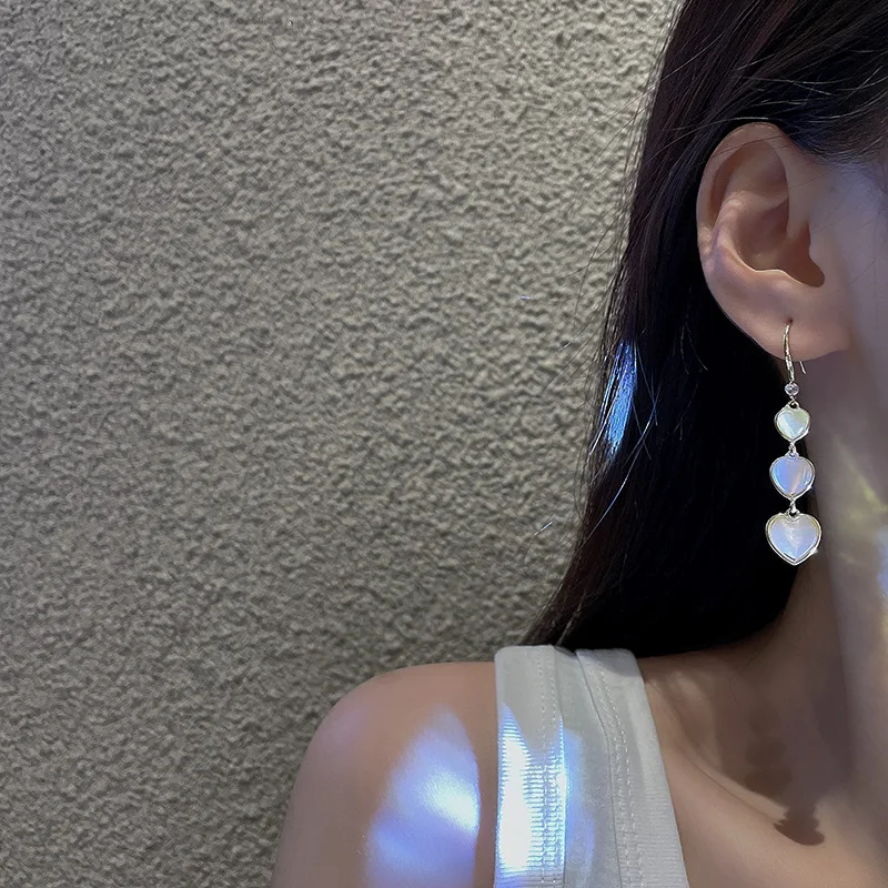 Fashion Long Opal Heart Tassel French Earrings for Women Luxury Long Tassel Dangle Earring Wedding Party Luxury Jewelry Gift