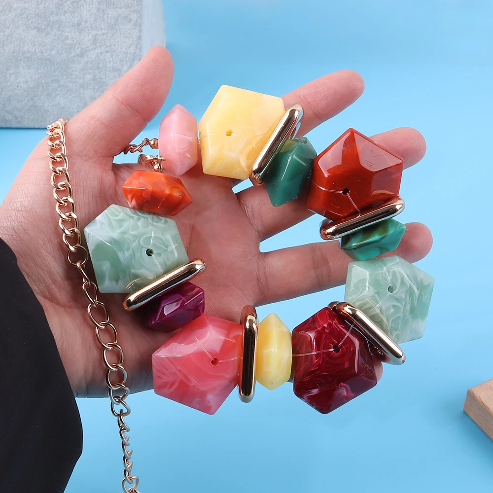 Boho Style African Hot Sell Natural Stone Agate Emerald Mixed Marble Resin Bead Ball Jewelry Necklace for Women
