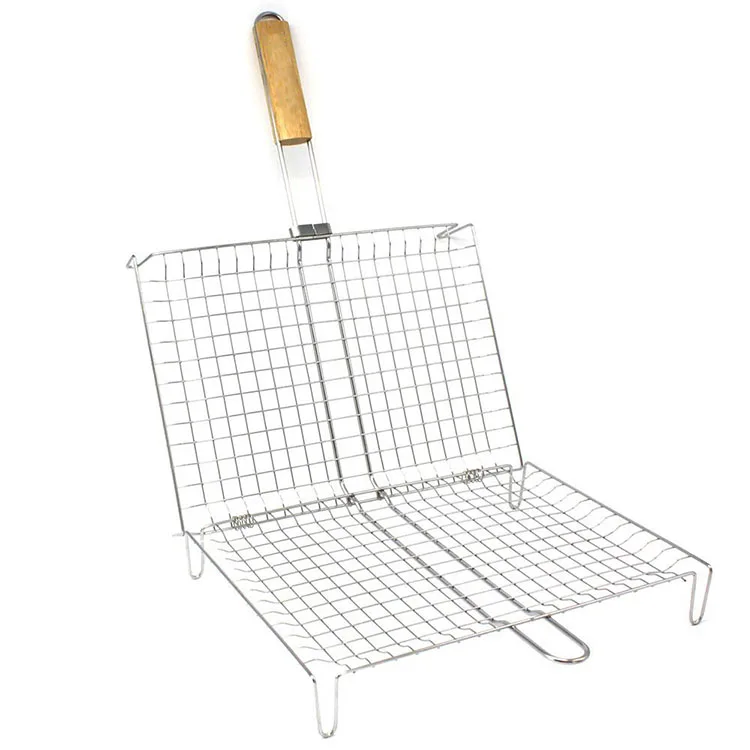 Large BBQ Grilling Basket with Wooden Handle Stainless Steel Grill Net Rack Barbecue Mesh for All Charcoal Gas Grill