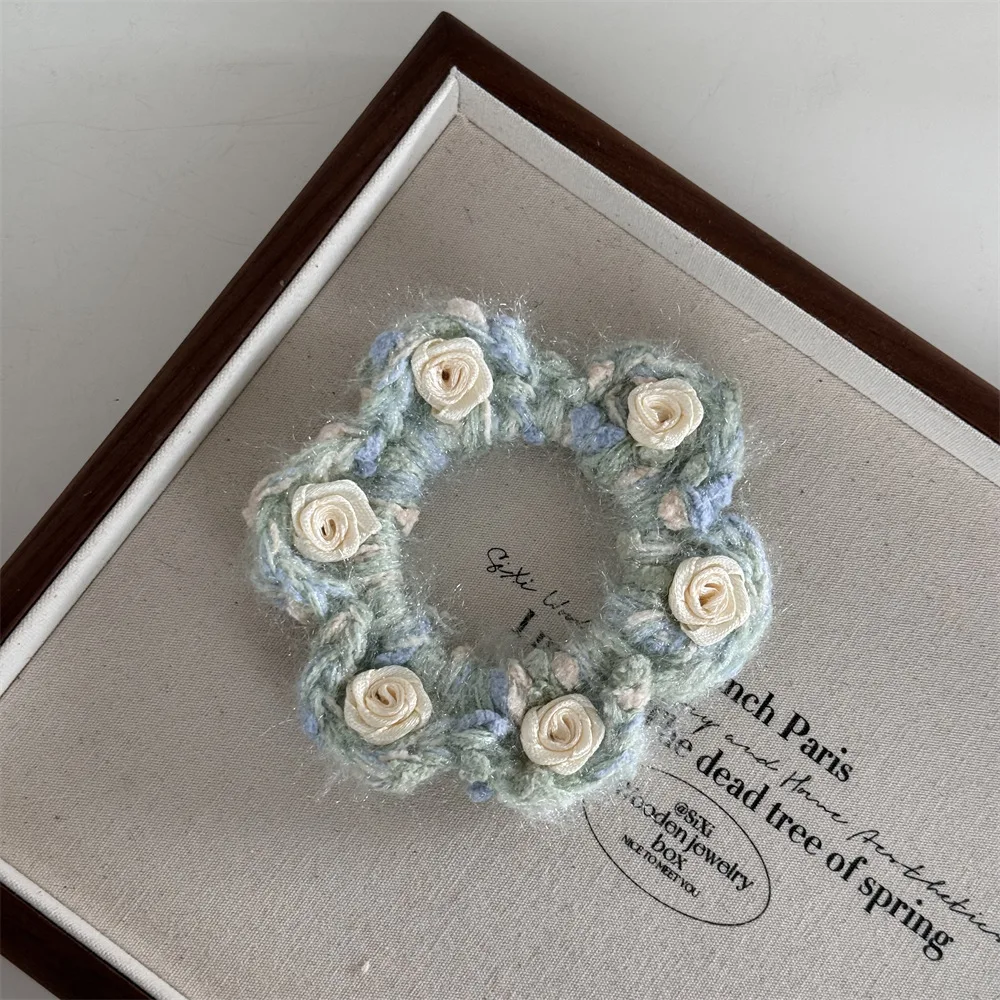 Newest Girls Hair Ornament Handmade Bluish-green Woolen Yarn Covered Large Hair Claw Metal Hairpins with Ribbon Rose Flower