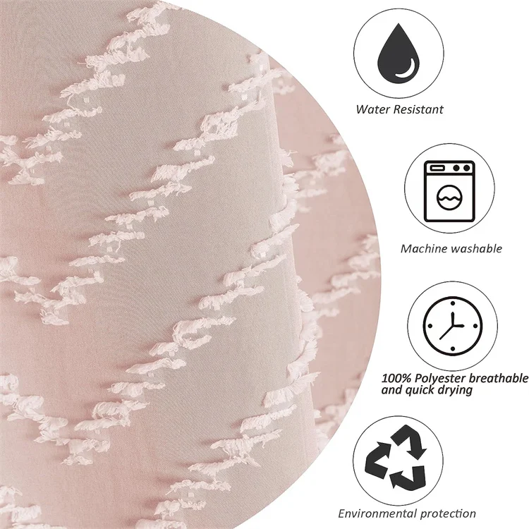 Modern Extra Long Pink Boho Shower Curtain with White Tassel Woven Tufted Chevron Striped Waterproof Shower Curtain for Bathroom