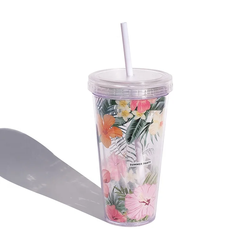
Girlwill Flower Reusable Double Wall Plastic Cups With Lids And Straw Bottle Tumbler Wholesale Custom Logo Drink Coffee Mugs 