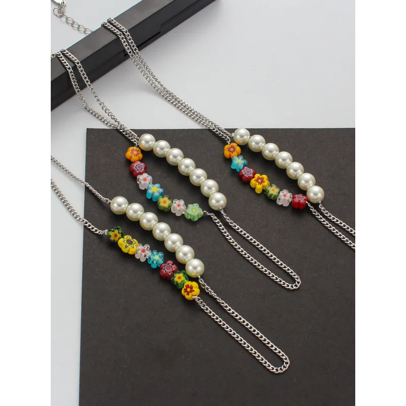 
MuXi Fashion niche design sense layered necklace colorful glass pearl necklace jewelry 