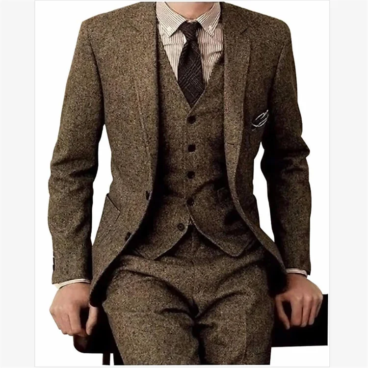 Herringbone Tweed Men Slim Fit Suits Winter Wool Fashion Groom Tuxedos New Design Blazer Vest Pants Men 3 Piece Suits