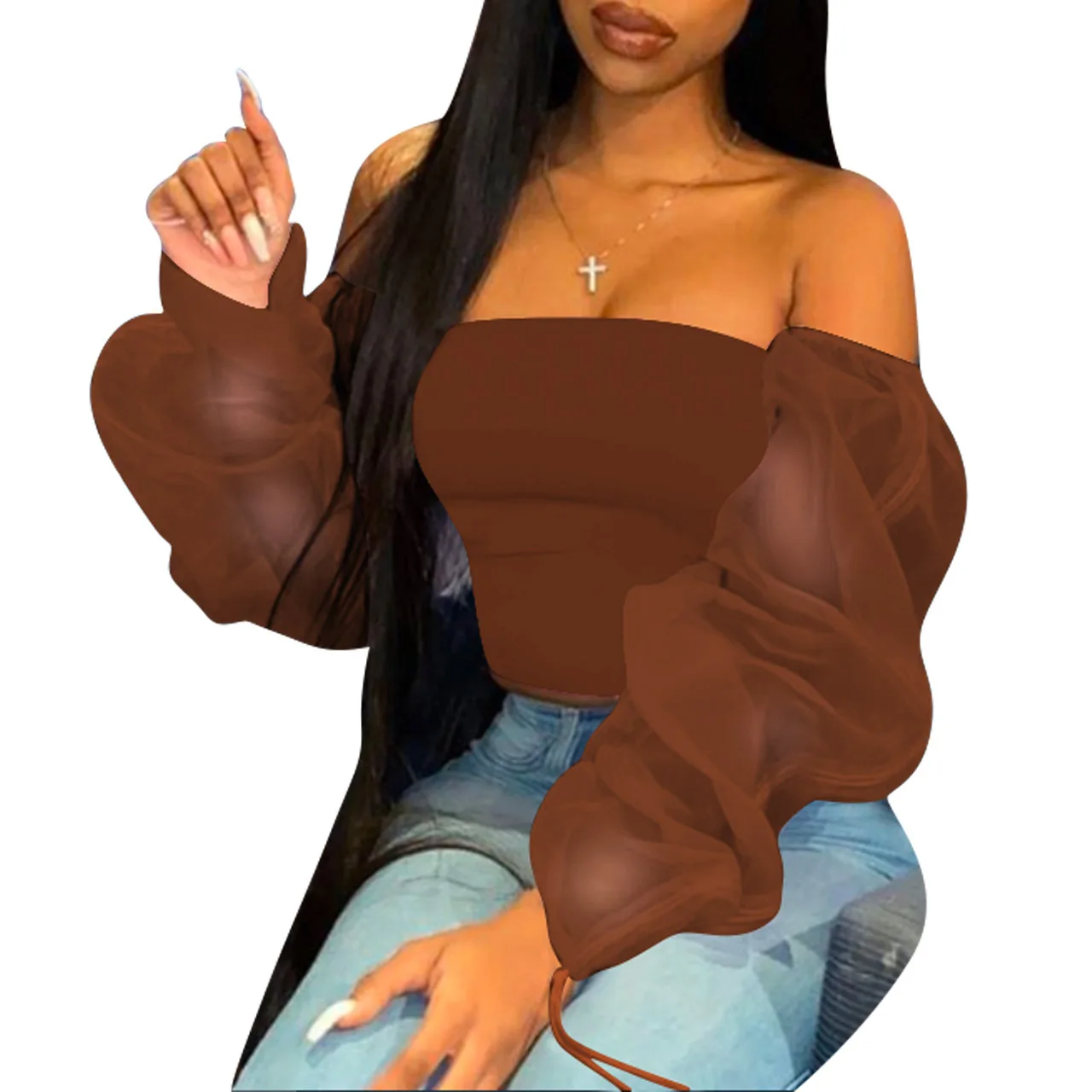 2022 Summer Streetwear T Shirt Solid Women Long Sleeves Fashion Sexy Strapless Top T-Shirt Sexy Women Mesh T Shirts