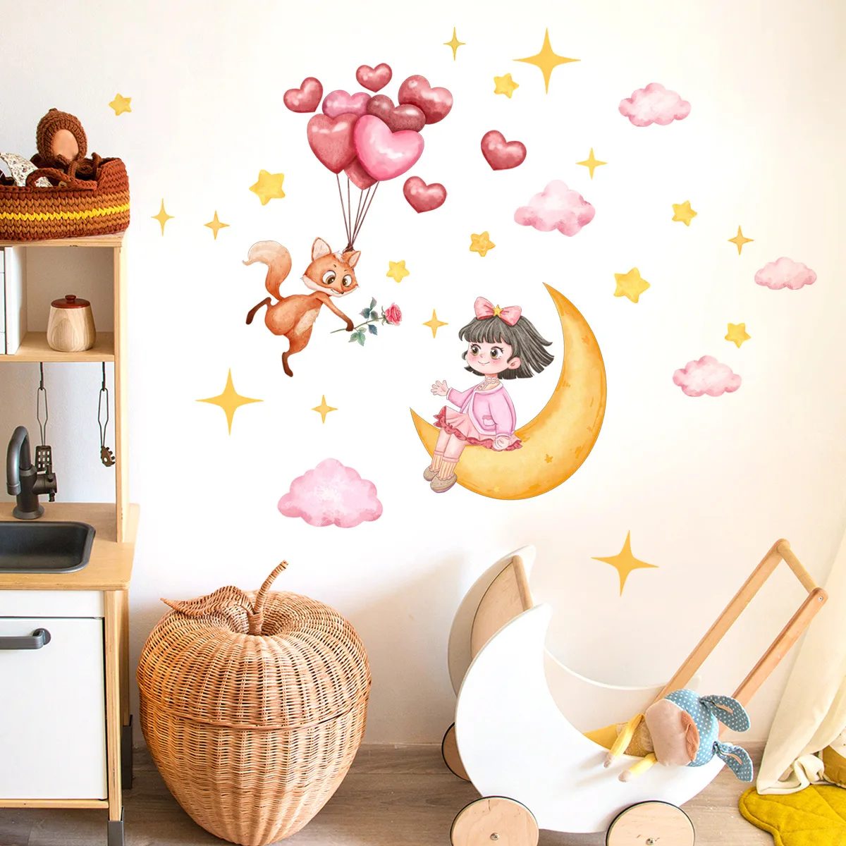 Fox Stars Heart-shaped Balloon Lovely Girl On The Moon Wall Sticker Self-adhesive And Removable Wallpaper