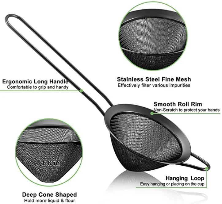Mesh Strainer, 3.3 Inch Stainless Steel Tea Cocktail Coffee Flour Strainer with Long Handle for Kitchen Bar, Small Conical Cone