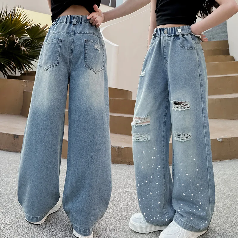 2024 New Fashion Children Girl Summer Thin Bling Bling Ripped Jeans 5-15 Years