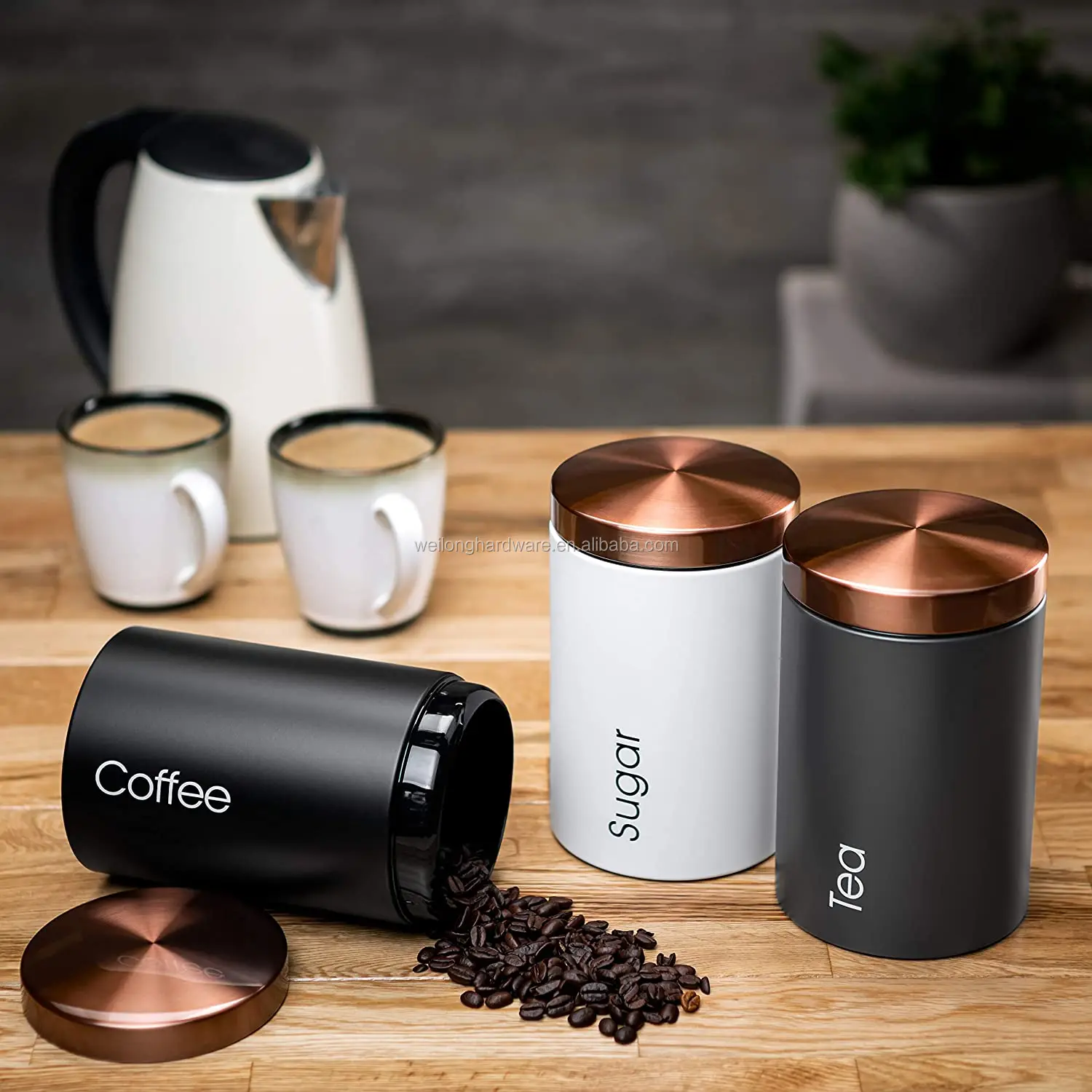 Set of 3 Large Metal Kitchen Storage Canisters Stainless Steel Lid Jars for Storage of Tea Coffee and Sugar