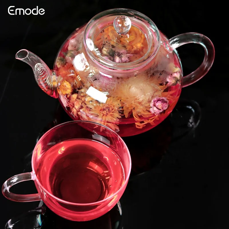 Emode Glass Tea Pot with Tea Cups Removable Infuser Blooming and Loose Leaf Tea Maker and Teacups Set, Stovetop Microwave Safe