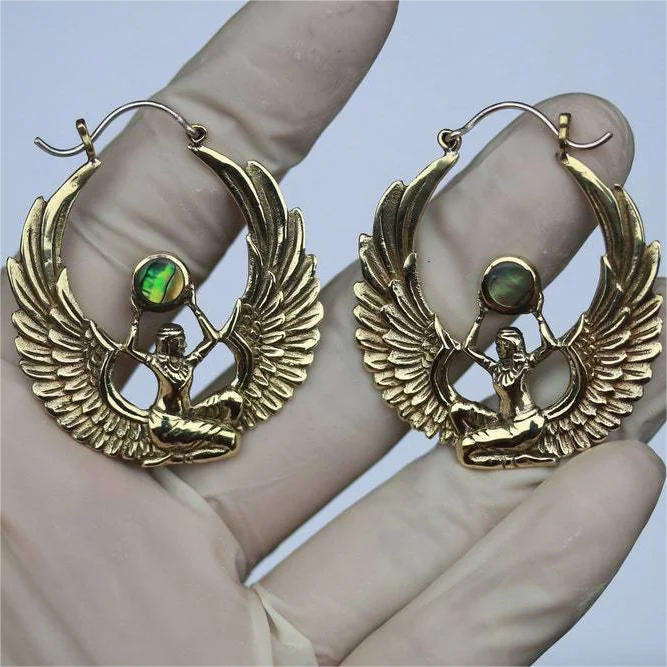 Ancient Egyptian Isis Goddess Hoop Earrings Golden Alloy Wings Green Gemstone Earrings Vintage Design Fashion Jewelry for Women
