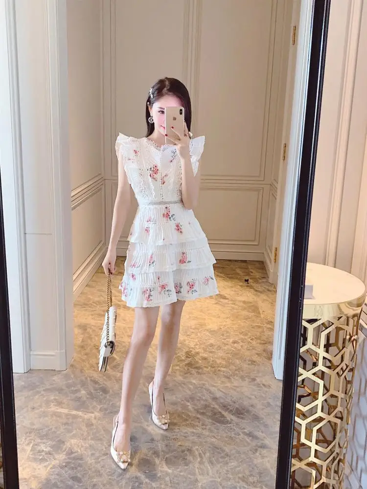 
Australia tide brand printed lace lotus leaf cake dress dress skirt holiday dress women 