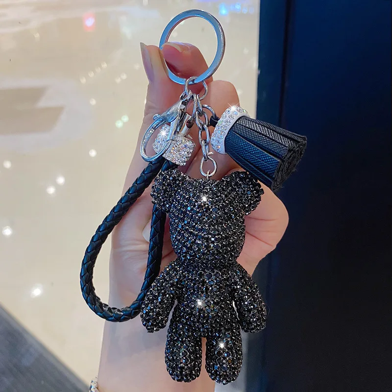 Leather  fashion crystal bear keychain sparkly popobe keyring rhinestone teddy doll handbag charm