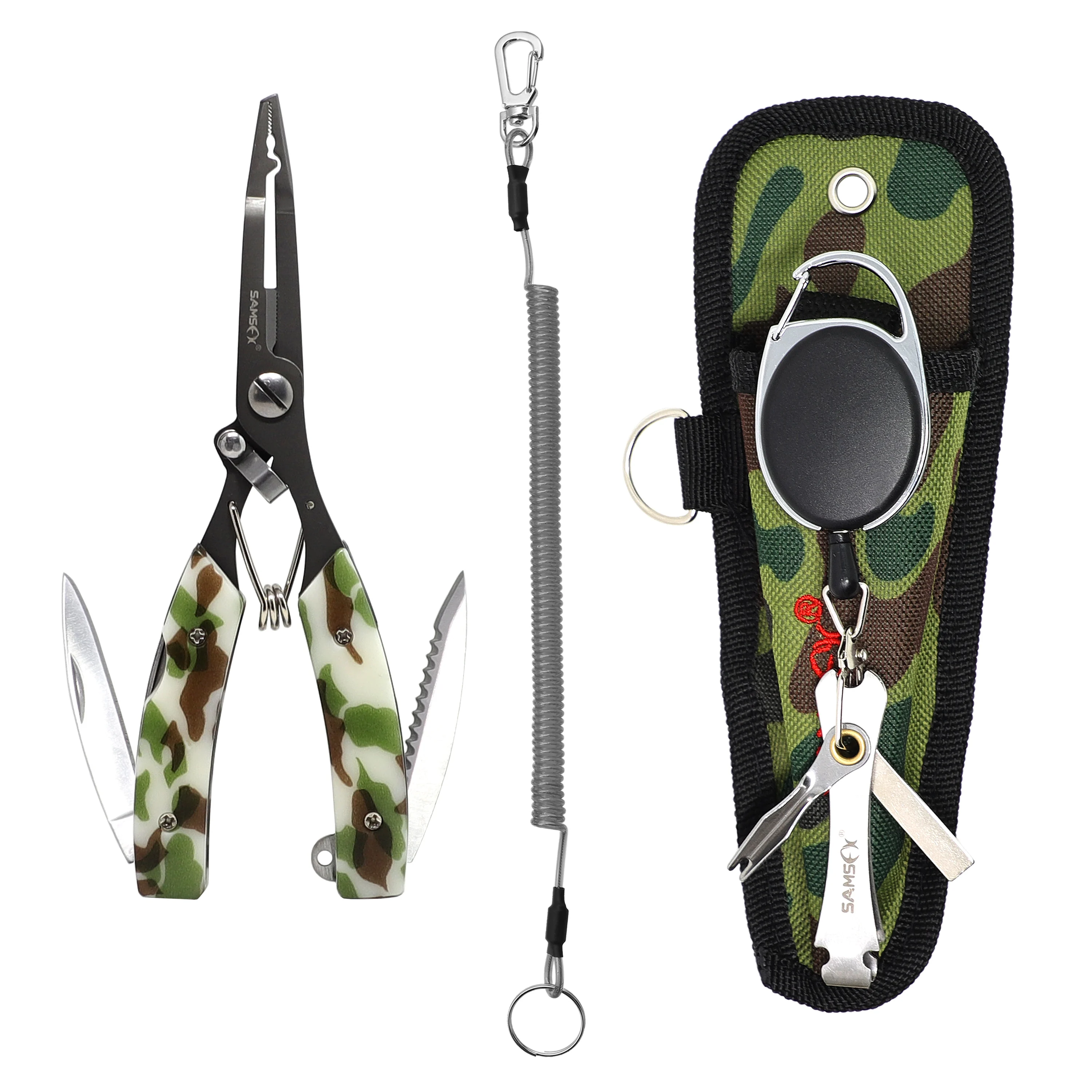 SAMSFX Split Ring Hook Remover Tools Braid Line Cutters Fishing Pliers Saltwater with Knife Retractor and Quick Knot Tool Combo