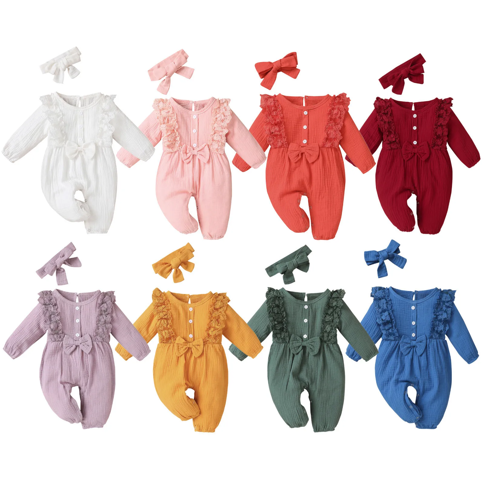 Spring Pure Color Cotton and Linen Long Sleeve Premature Baby Romper Linen Romper Cotton Baby Ruffle Romper Baby with Bow