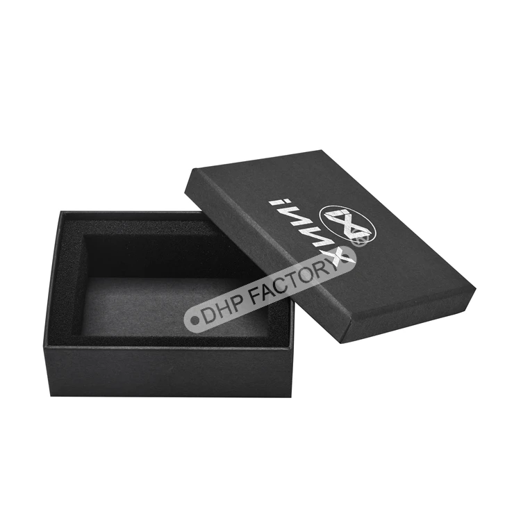 Oem Design Premium Handmade Spot UV Tiny Two Pieces Black Kraft Rectangle Paper Cardboard Gift Box Packaging With Foam Insert