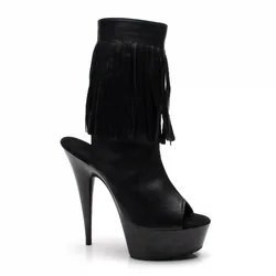 15cm ultra high heel thin with sky high sexy stage show shoes fringe dew with fish mouth fun low tube ankle boots