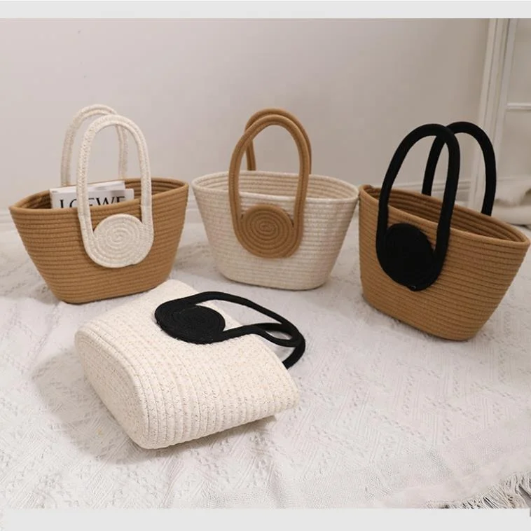 FSP115 New Stylish Multicolor Cotton Rope Woven Crochet Summer Beach Tote Handbag Portable Leisure Knitting Thread Storage Bag