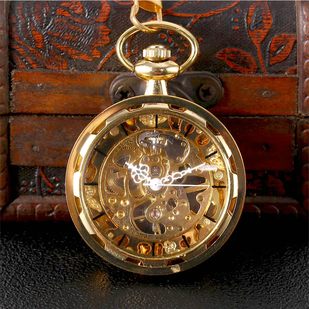 Large mechanical pocket watch high quality golden mskeleton watch wheels design stylish luxury pocket watch wholesale