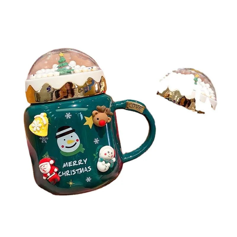 Christmas Ceramic Cup with Cute Couple Handle Office Creative Gift Mug with Lid Micro Landscape Design Europe Style for Party