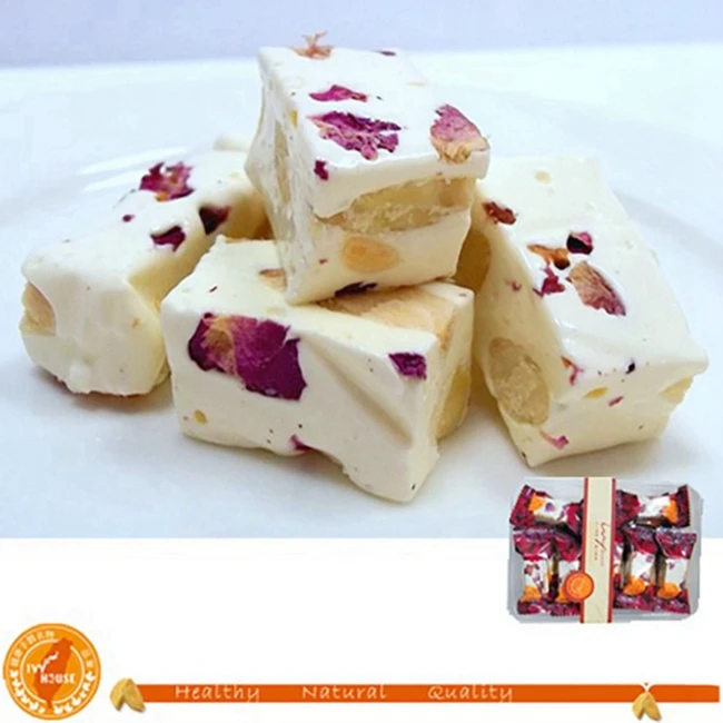 Factory Supply Semi-soft Rose Flavour Low-sugar Candy Rose Almond Nougat