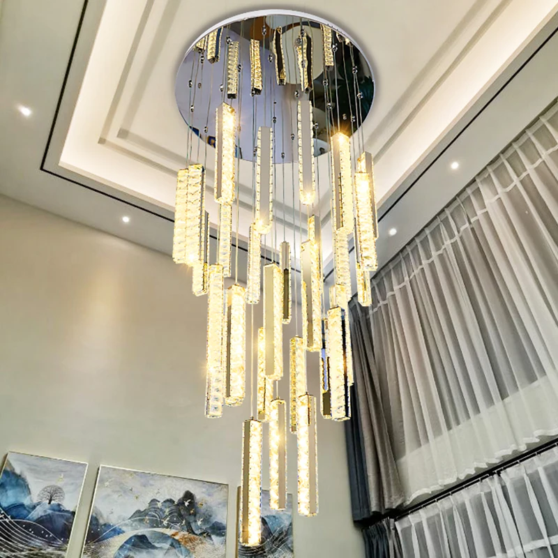 2024  Long Chandeliers Pendant Lamp Luxury Crystal Chandelier Long Double Entry Stair Light Decorative Crystal Led Pendant