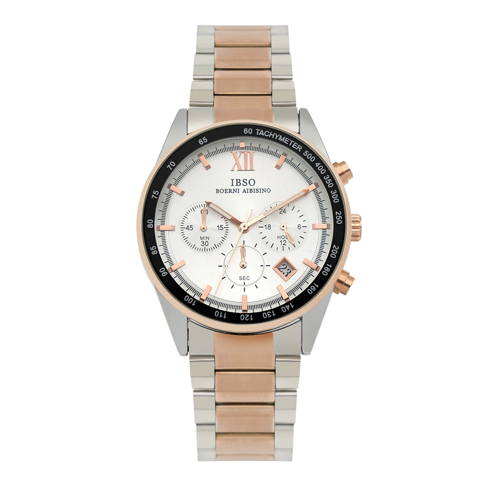 IBSO New Men Quartz Watches Stop Watch Calendar Three Eyes Gold Plated Men Watch Japanese Movement Solid Stainless Steel Strap