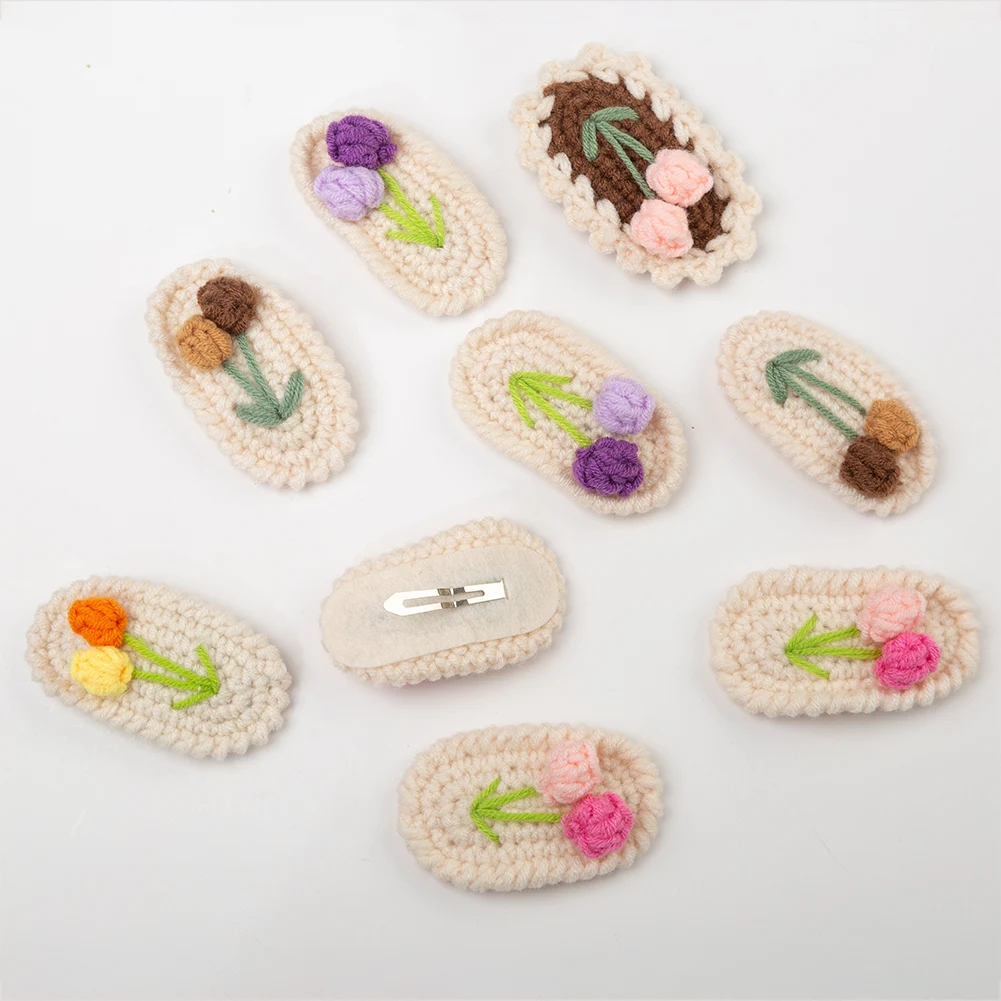 Crochet Knitted Tulip Baby Girls Hair Pins 7cm Sweet Flower Snap Clips Hairgrips Handmade Safety Hair Bows Accessories