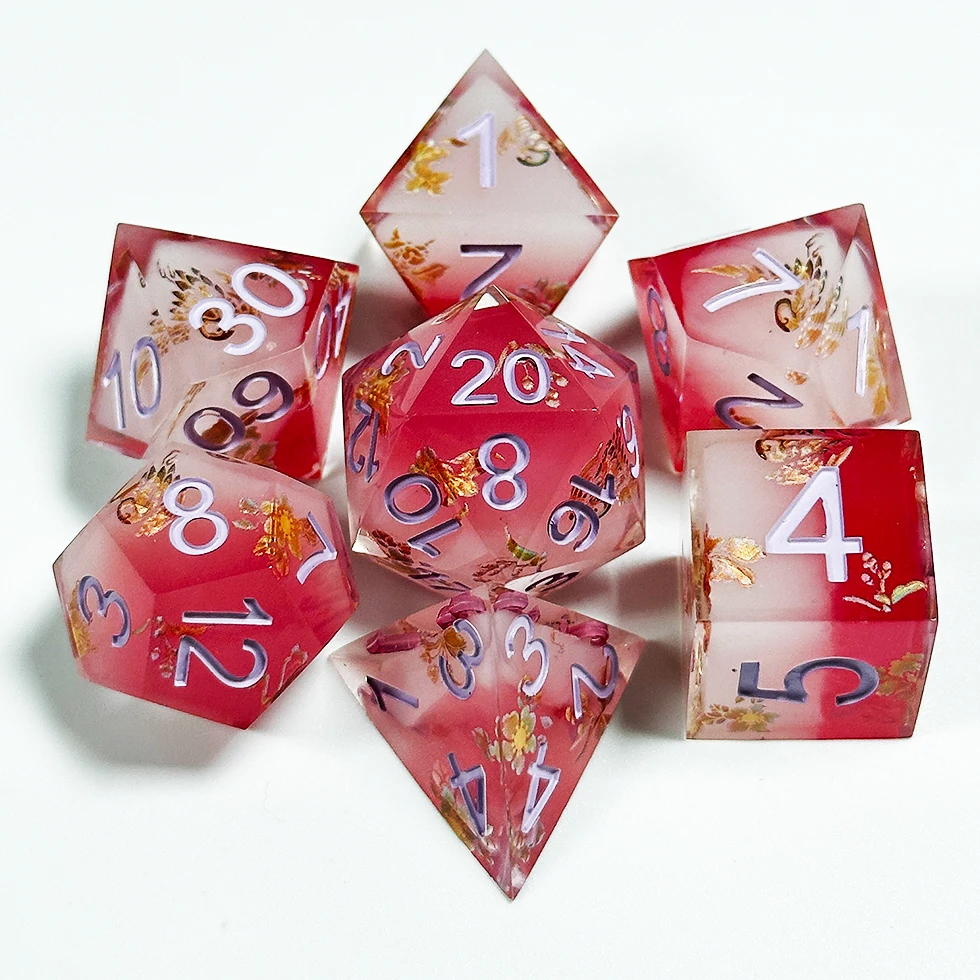 Factory Sharp edged Dnd Pink Gold Carving resin Dice For Dungeons and Dragons Polyhedral RPG Dice set for adult dice games