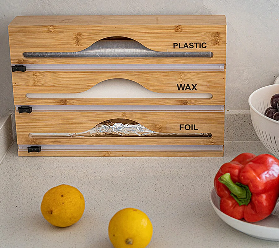 3 in 1 Bamboo Plastic Wrap Dispenser with Slide Cutter for Aluminum Foil, Cling Film, Parchment Paper