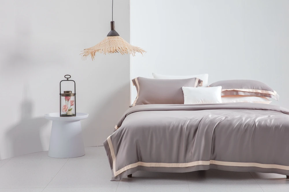 Hot Selling Luxury Organic 100% Bedsheet Tencel Lyocell Fiber Bedsheet Grey Pink Duvet Cover Bedding Set