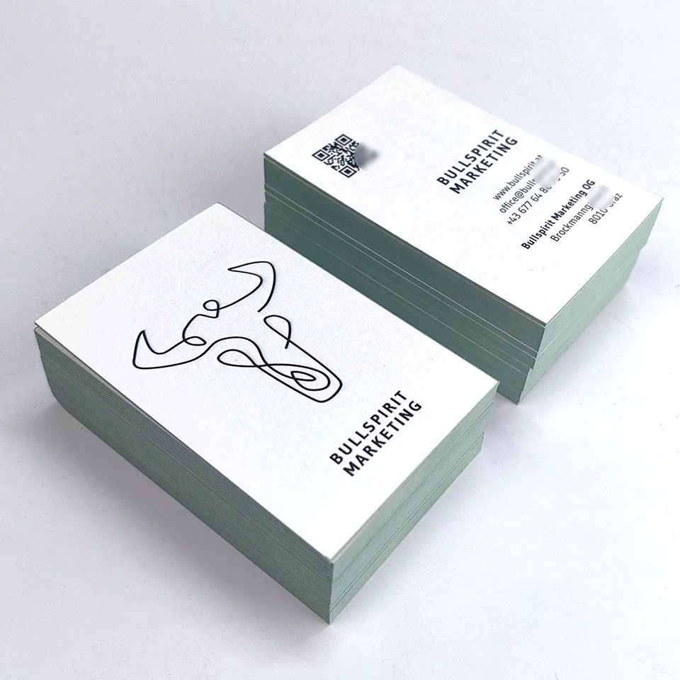 Manufacture Custom 3D LOGO Luxury Green Edge Business Card Visiting Name Card Printing QR Code Cotton Textured Paper