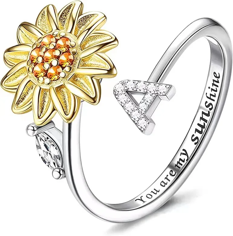 New Custom 26 Initial Letter Open Rings Simple Popular Zircon Adjustable Rotating Sunflower Rings
