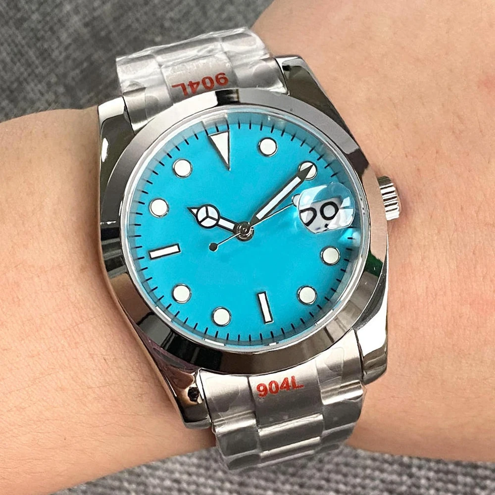 Flat Polish Bezel Ice Blue Out NH35 Mechanical Watch Men Custom logo Bracelet 36MM 39MM Business Wristwatch Lumed Clock