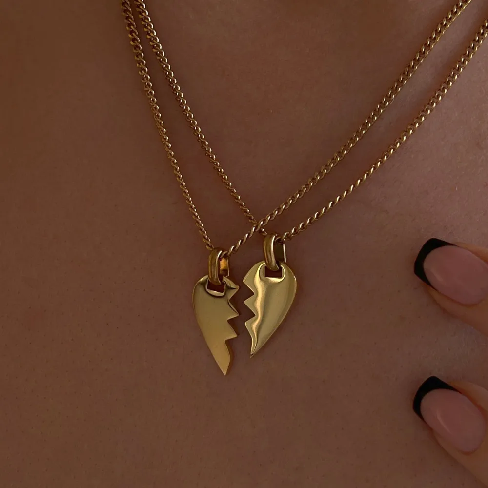 18K Gold Plated Stainless Steel 2 Two Piece Lip Bff Broken Half Split Love Heart Pendant Best Friend Necklace for 2 Couples