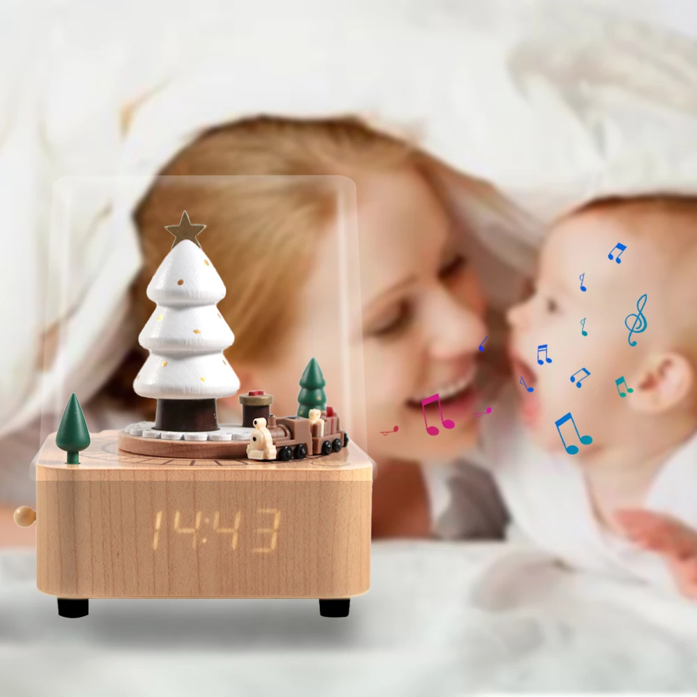 Dolphin Industry BR Custom Christmas Orgel Clock Music Boxes Wind Up Wood Music Box With Rotating Small Train And Time Display
