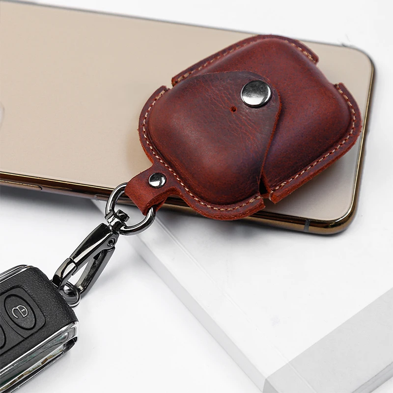 Best Selling Handheld Portable Travel Mini Durable First Layer Cowhide Headphone Storage Bag With Metal Buckle