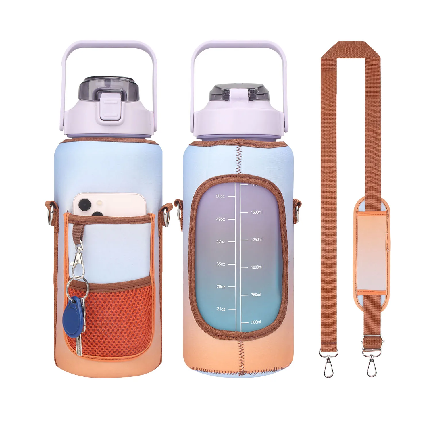 Half Gallon 64oz/2L Protective Water Bottle Carrier with Strap and Cellphone Holder Water Bottle Sleeve Cover