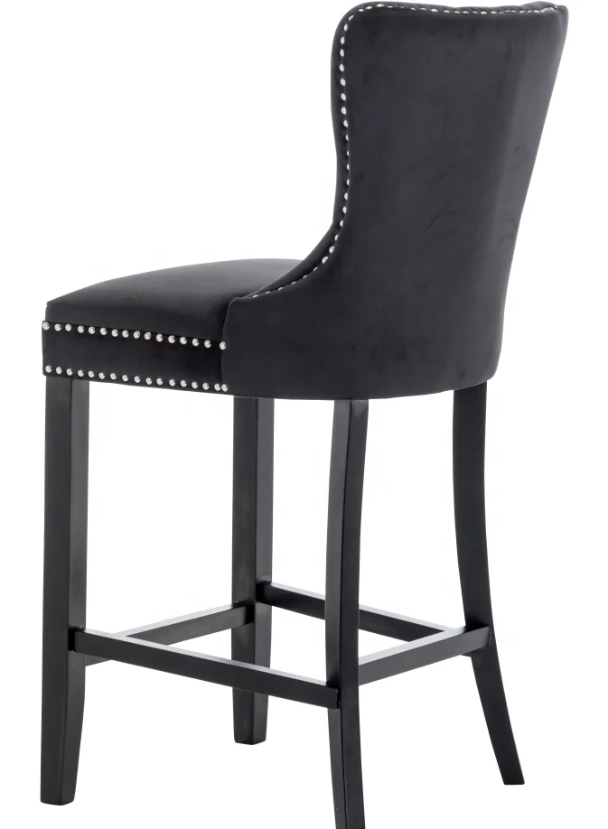 High back and seat with front back buttons decoration and studs around top wooden KD legs bar chair