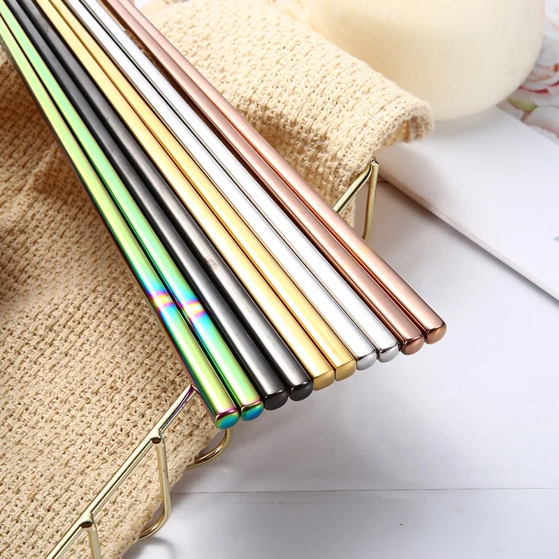 Custom Logo Reusable Luxury Colorful Polish 304 Stainless Steel Metal Chopsticks 5pairs With Gift Box Set