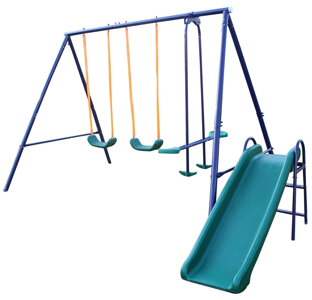 A Frame Kids See-saw Swing Set with Slides, Outdoor Metal Frame Swing Set