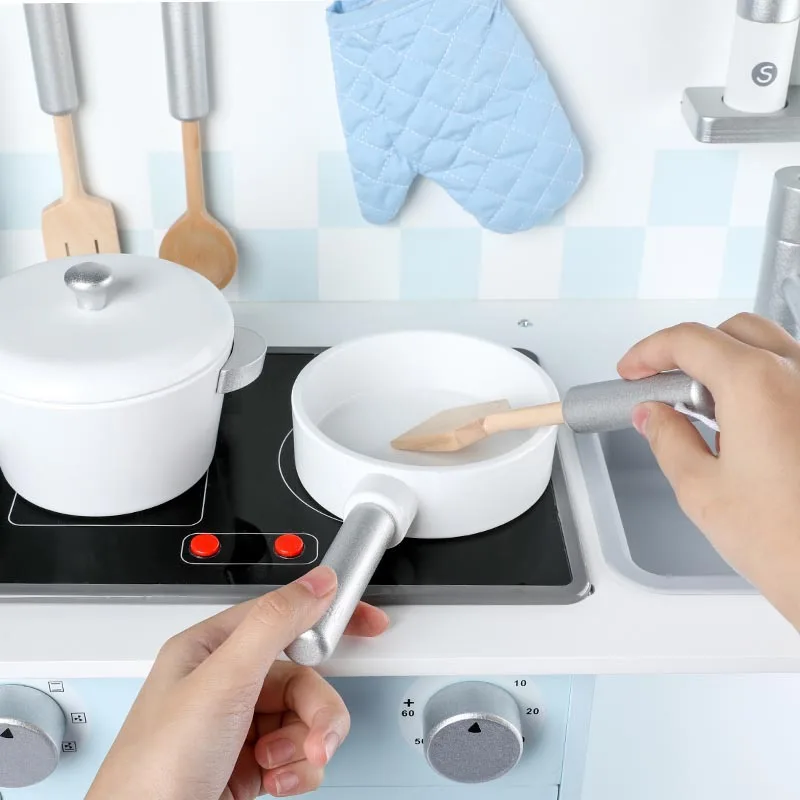 Hotsale Wooden Kids Kitchen With Clock Kitchenware and Removable Sink for Kids Toddlers Cooking Pretend 2 Colors